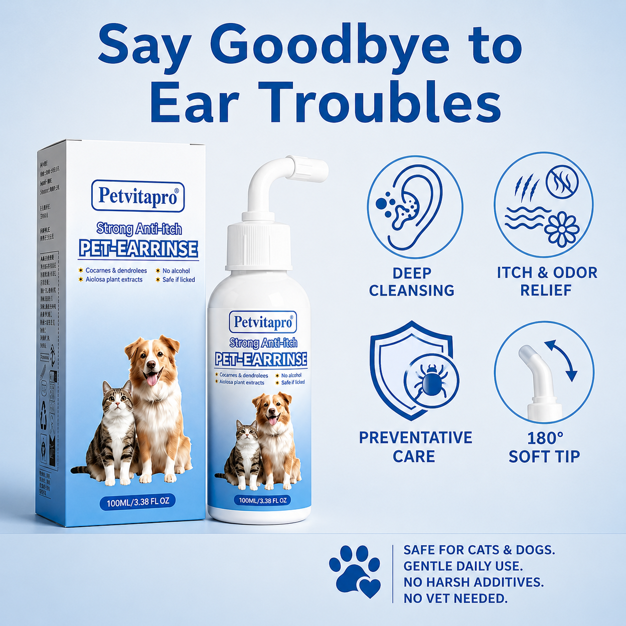 Gentle Pet Ear Wash | Odor-Free Cleaning for Dogs & Cats